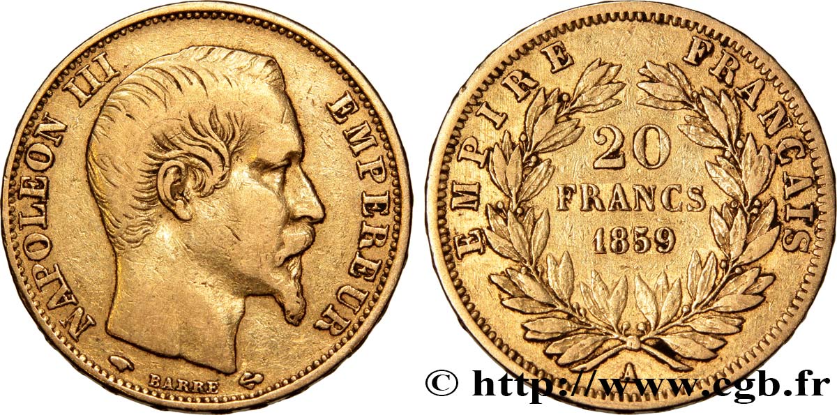 20 francs or Napoléon III, tête nue 1859 Paris F.531/15 VF30 