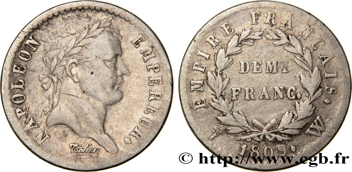 Demi-franc Napoléon Ier tête laurée, Empire français 1809 Lille F.178/9 BC30 