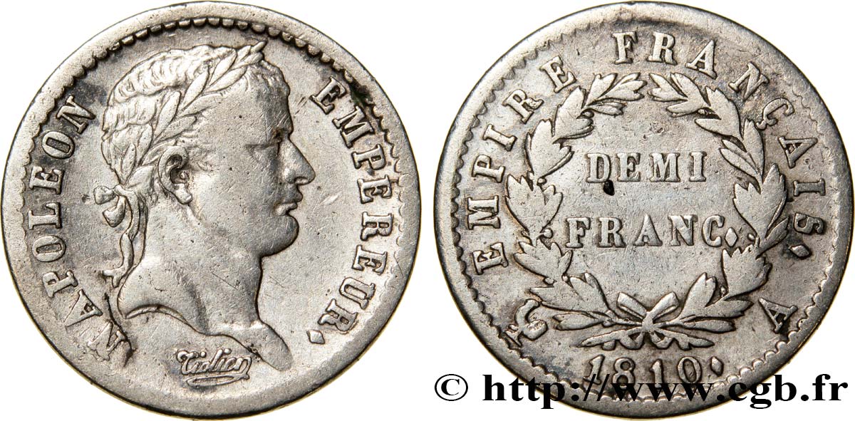 Demi-franc Napoléon Ier tête laurée, Empire français 1810 Paris F.178/10 TB25 