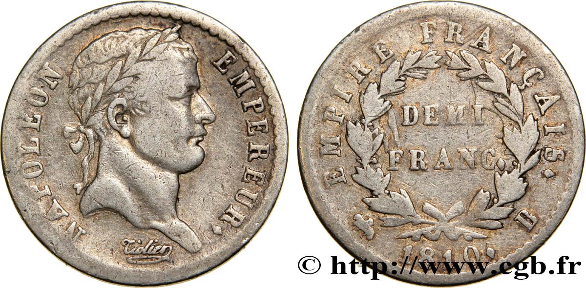 Demi-franc Napoléon Ier tête laurée, Empire français 1810 Rouen F.178/11 BC30 