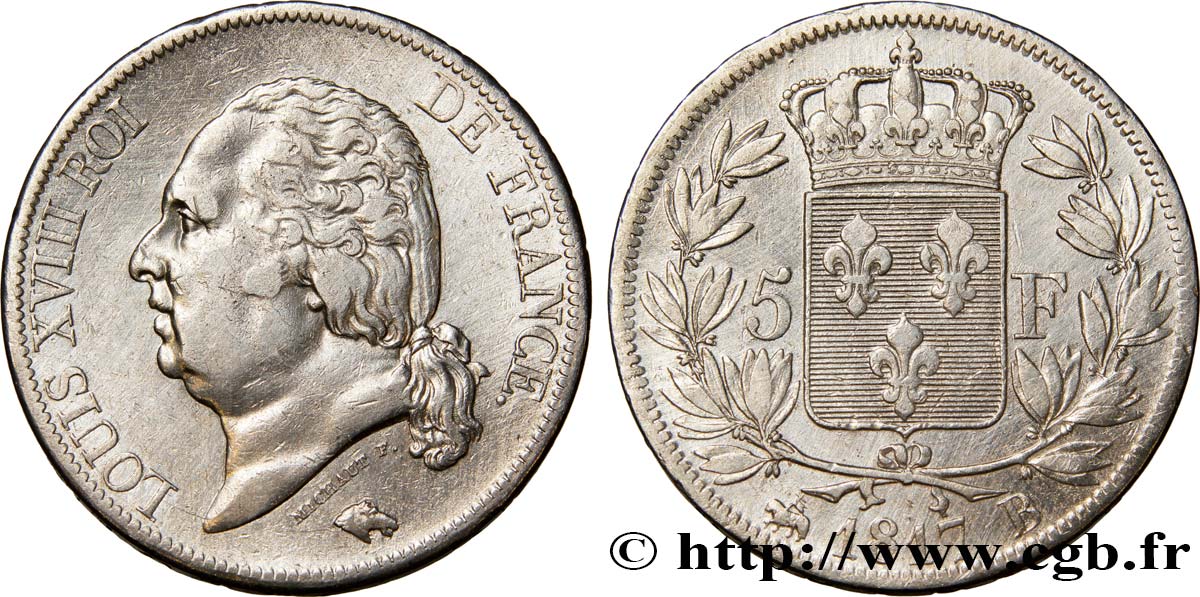 5 francs Louis XVIII, tête nue 1817 Rouen F.309/15 XF40 