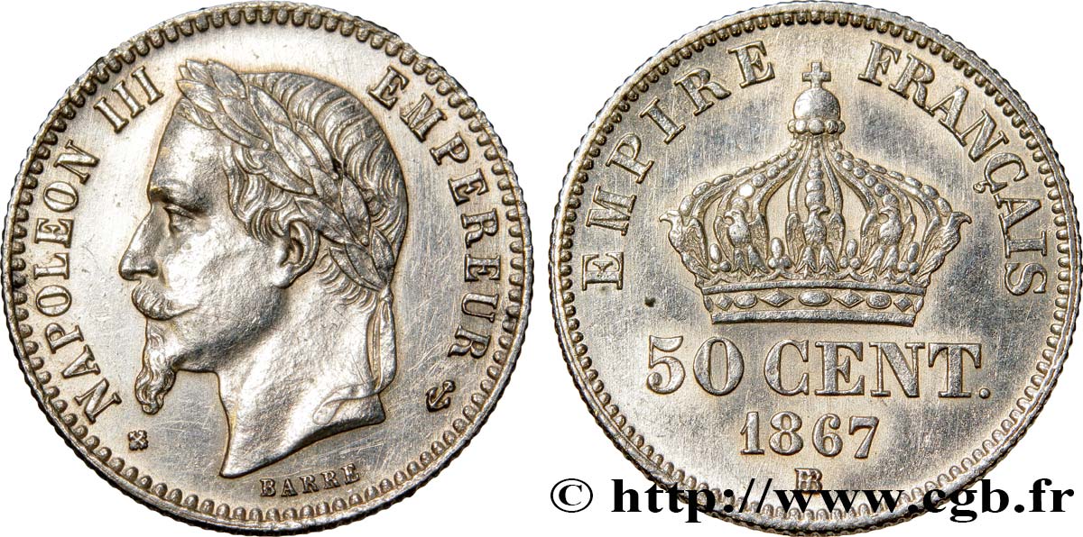 50 centimes Napoléon III, tête laurée 1867 Strasbourg F.188/15 AU 