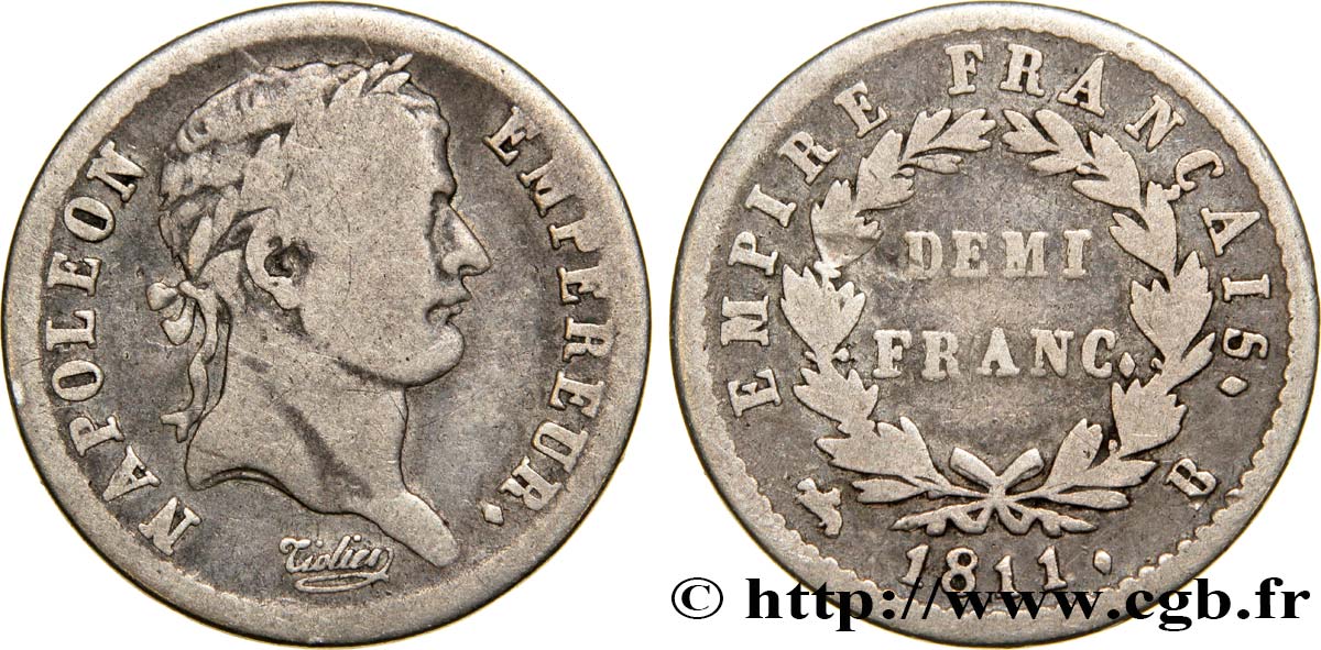 Demi-franc Napoléon Ier tête laurée, Empire français 1811 Rouen F.178/22 TB22 