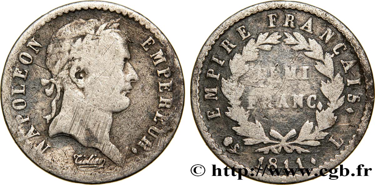Demi-franc Napoléon Ier tête laurée, Empire français 1811 Bayonne F.178/28 S20 