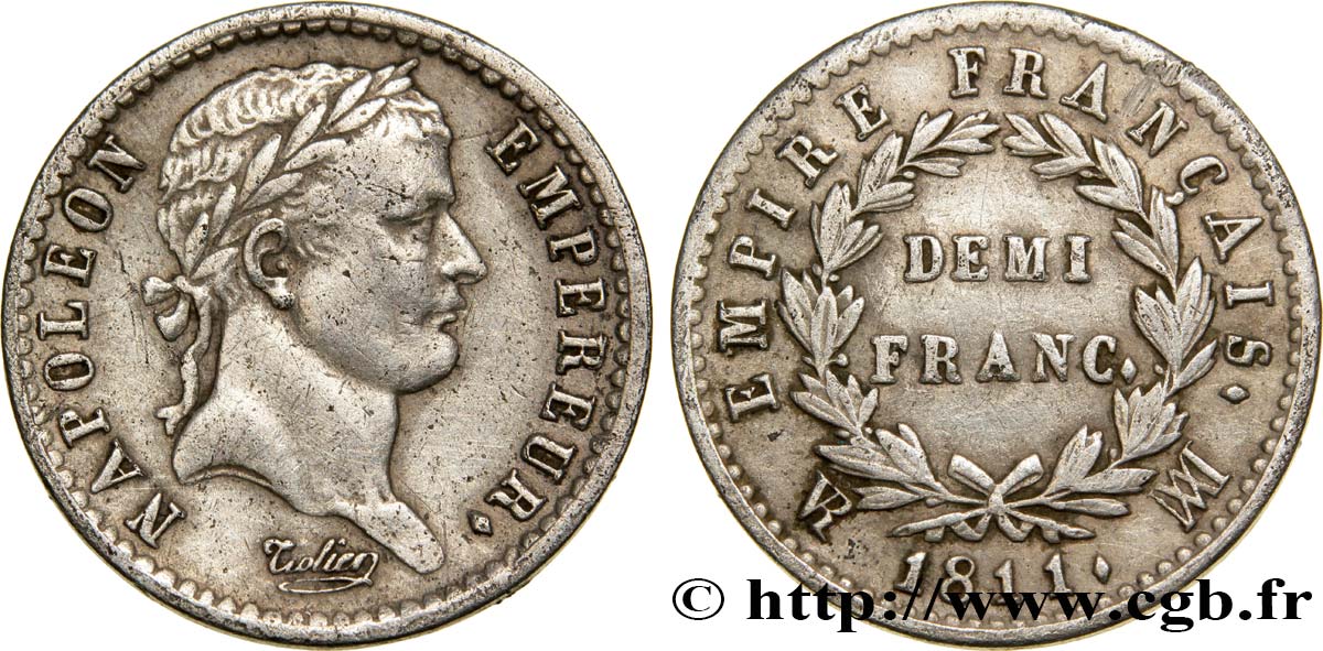 Demi-franc Napoléon Ier tête laurée, Empire français 1811 Marseille F.178/30 TTB48 