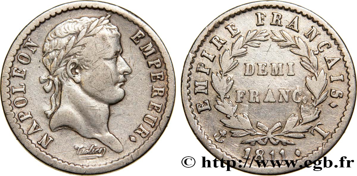 Demi-franc Napoléon Ier tête laurée, Empire français, frappe médaille 1811 Nantes F.178/32 var. MBC40 