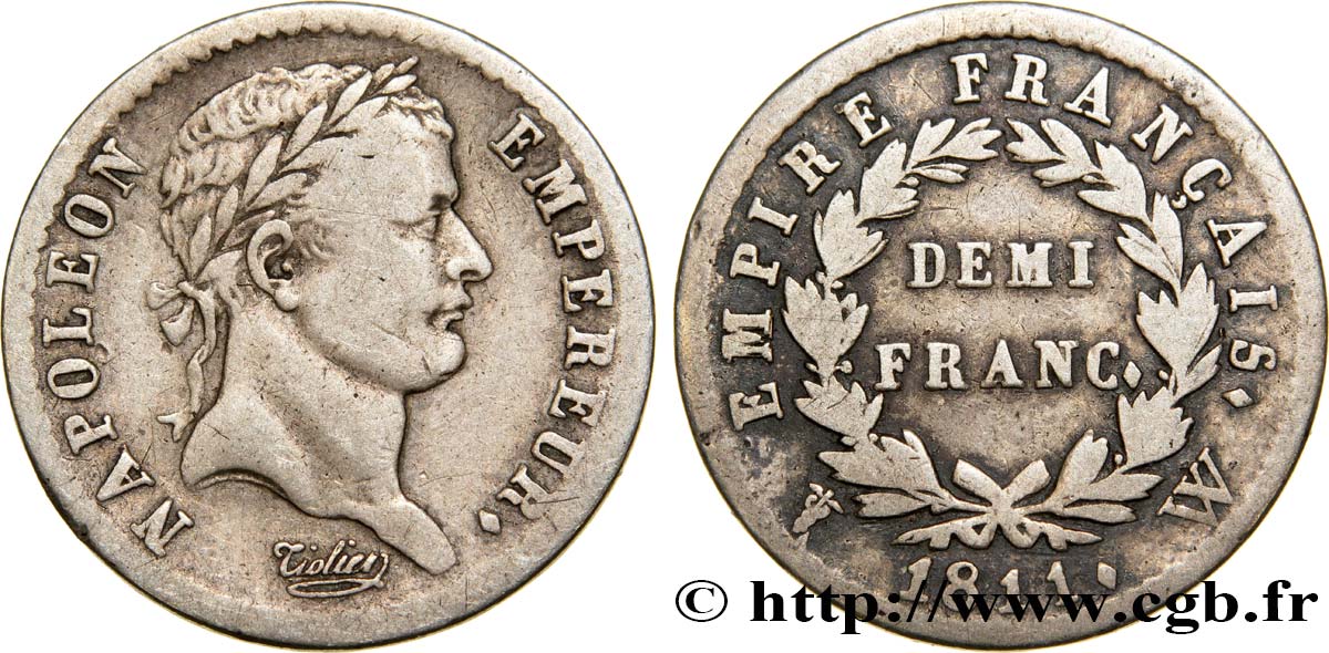 Demi-franc Napoléon Ier tête laurée, Empire français 1811 Lille F.178/34 TB35 