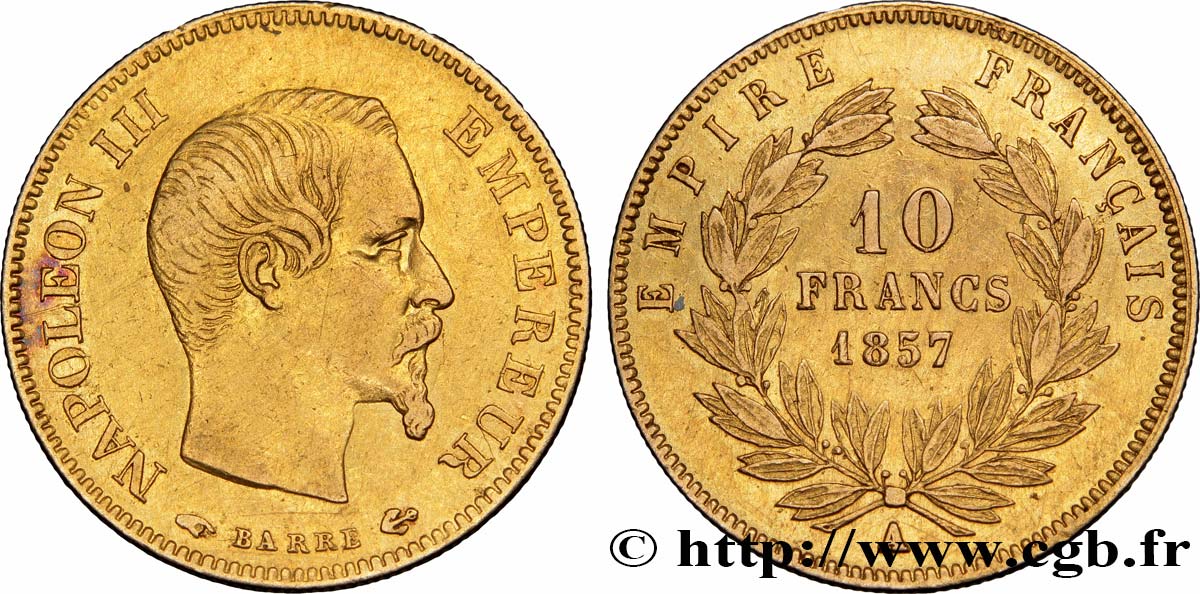 10 francs or Napoléon III, tête nue 1857 Paris F.506/4 XF45 