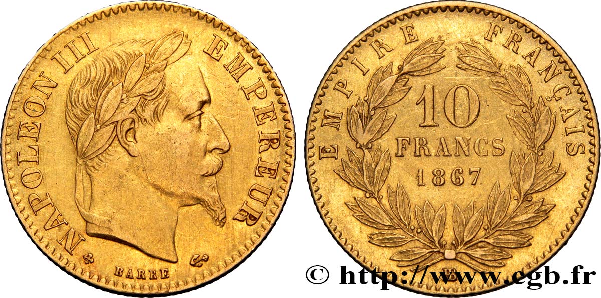 10 francs or Napoléon III, tête laurée, type définitif à grand 10 1867 Strasbourg F.507A/16 XF48 