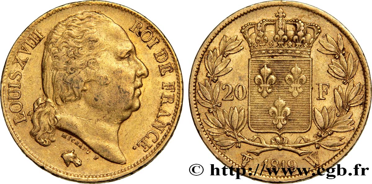 20 francs or Louis XVIII, tête nue 1819 Lille F.519/18 SS48 