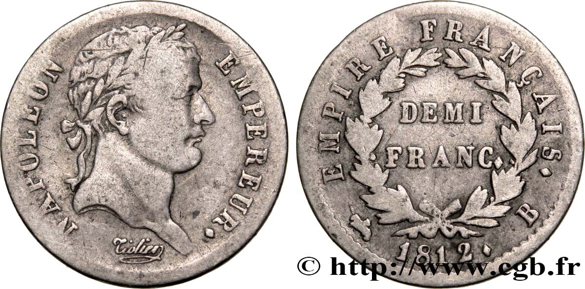 Demi-franc Napoléon Ier tête laurée, Empire français 1812 Rouen F.178/36 S30 