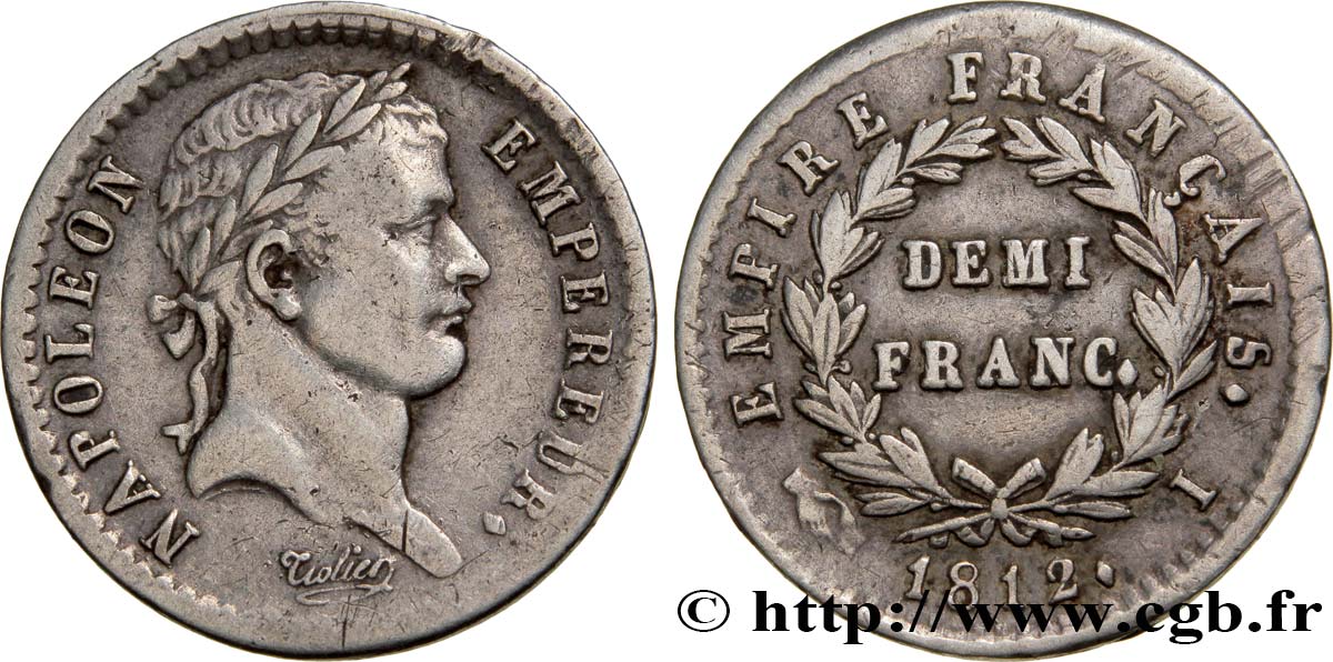 Demi-franc Napoléon Ier tête laurée, Empire français 1812 Limoges F.178/39 MBC40 