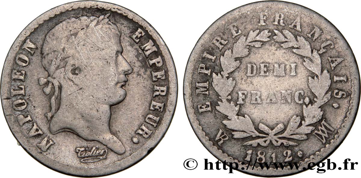 Demi-franc Napoléon Ier tête laurée, Empire français 1812 Marseille F.178/43 S18 