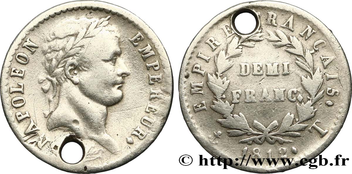 Demi-franc Napoléon Ier tête laurée, Empire français 1812 Nantes F.178/45 BC 