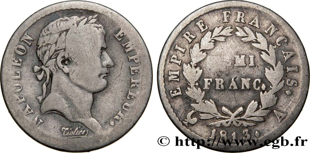 Demi-franc Napoléon Ier tête laurée, Empire français 1813 Paris F.178/49 BC15 