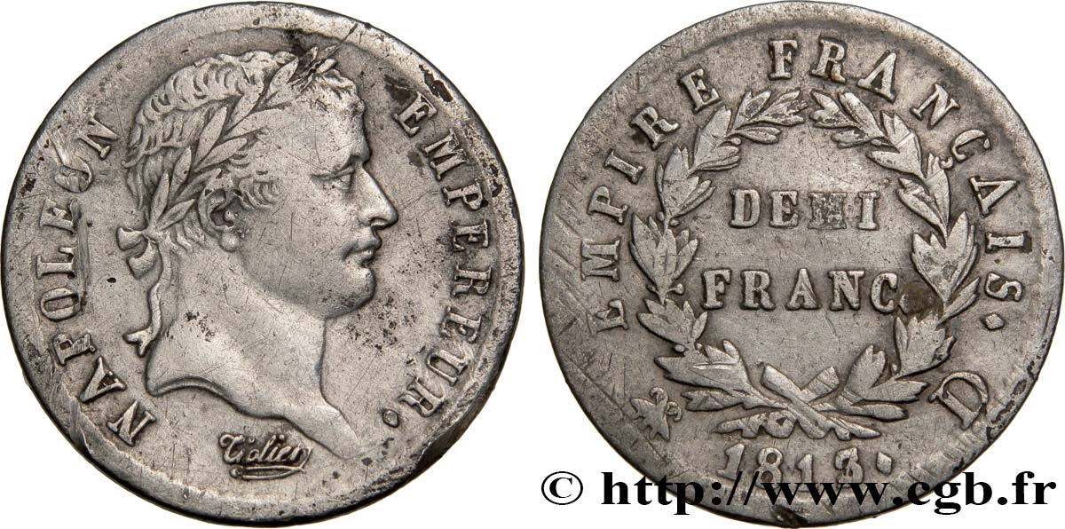 Demi-franc Napoléon Ier tête laurée, Empire français 1813 Lyon F.178/51 VF35 