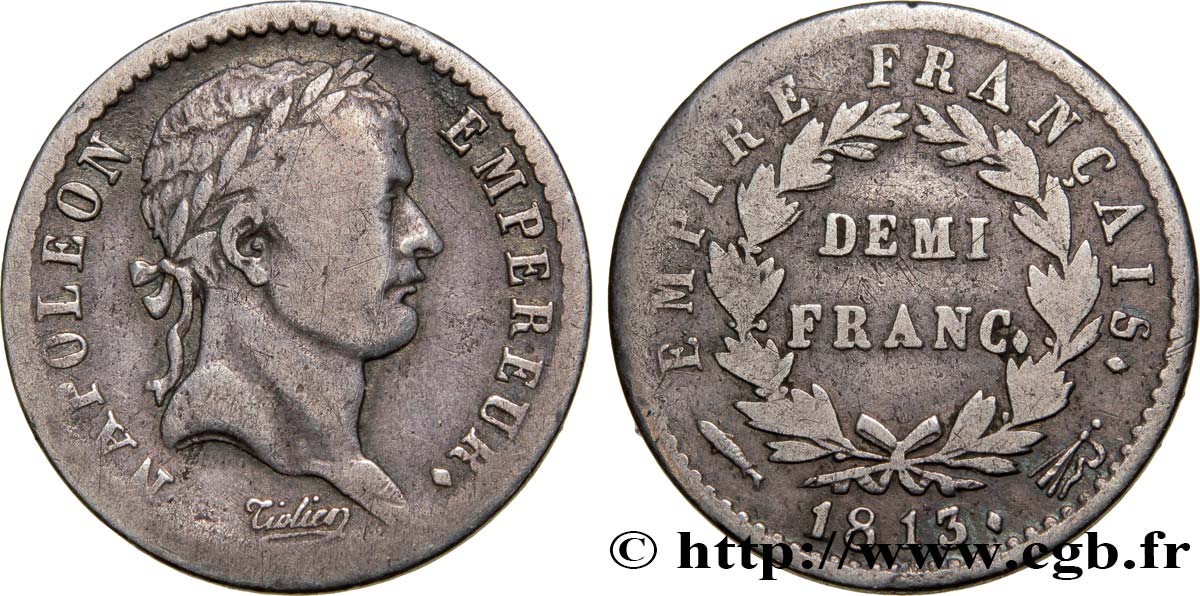 Demi-franc Napoléon Ier tête laurée, Empire français 1813 Utrecht F.178/61 VF25 