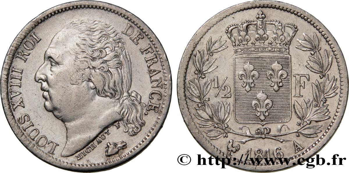 1/2 franc Louis XVIII 1816 Paris F.179/1 MBC45 
