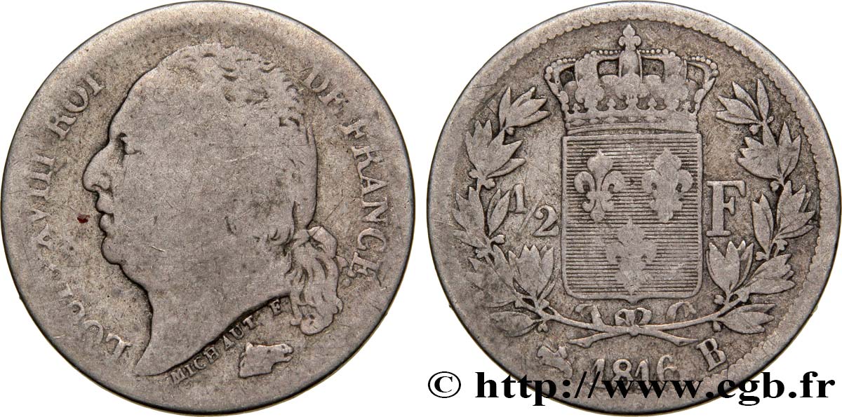 1/2 franc Louis XVIII 1816 Rouen F.179/2 B9 