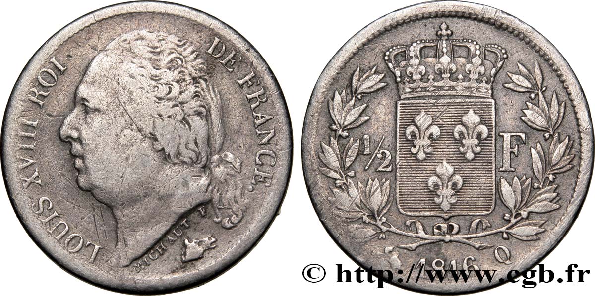 1/2 franc Louis XVIII 1816 Perpignan F.179/6 MB30 