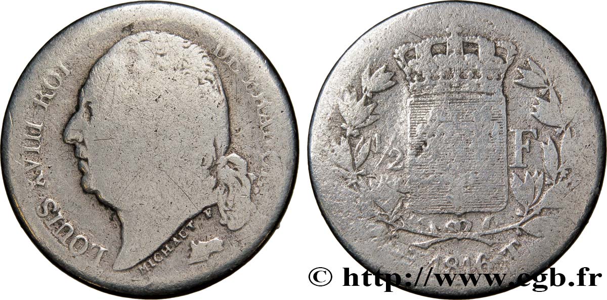 1/2 franc Louis XVIII 1816 Nantes F.179/7 SGE6 