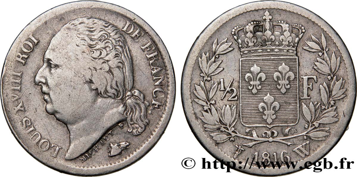 1/2 franc Louis XVIII 1816 Lille F.179/8 TB35 