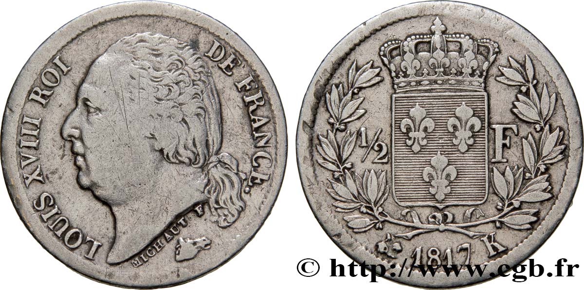 1/2 franc Louis XVIII 1817 Bordeaux F.179/12 TB35 