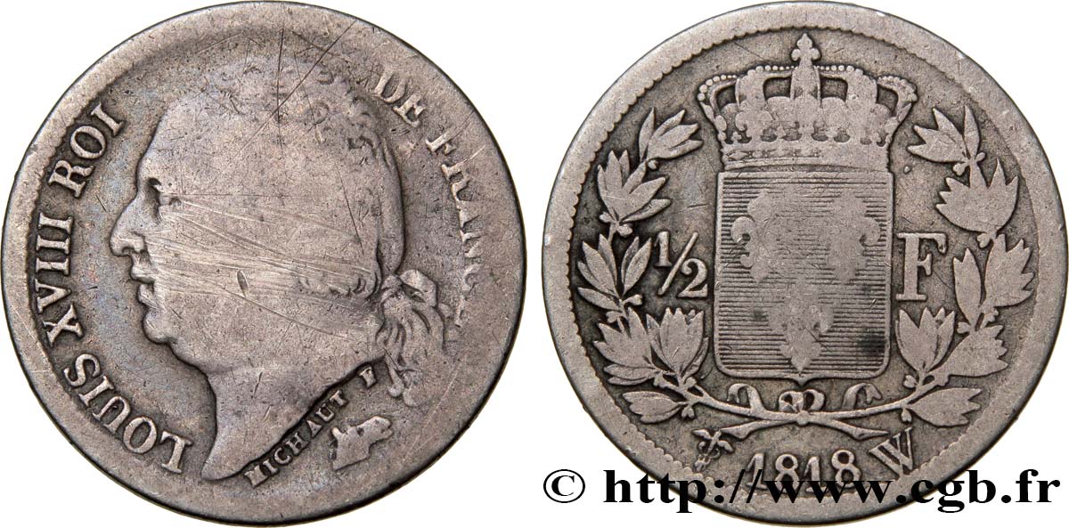 1/2 franc Louis XVIII 1818 Lille F.179/19 TB15 