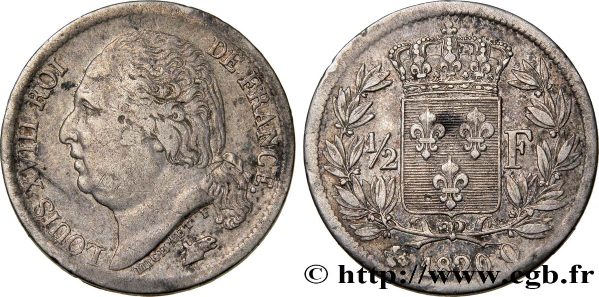1/2 franc Louis XVIII 1820 Perpignan F.179/27 TTB48 