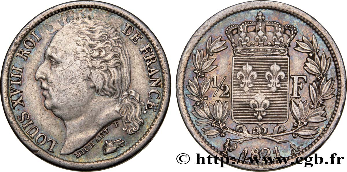 1/2 franc Louis XVIII 1821 Paris F.179/28 XF48 