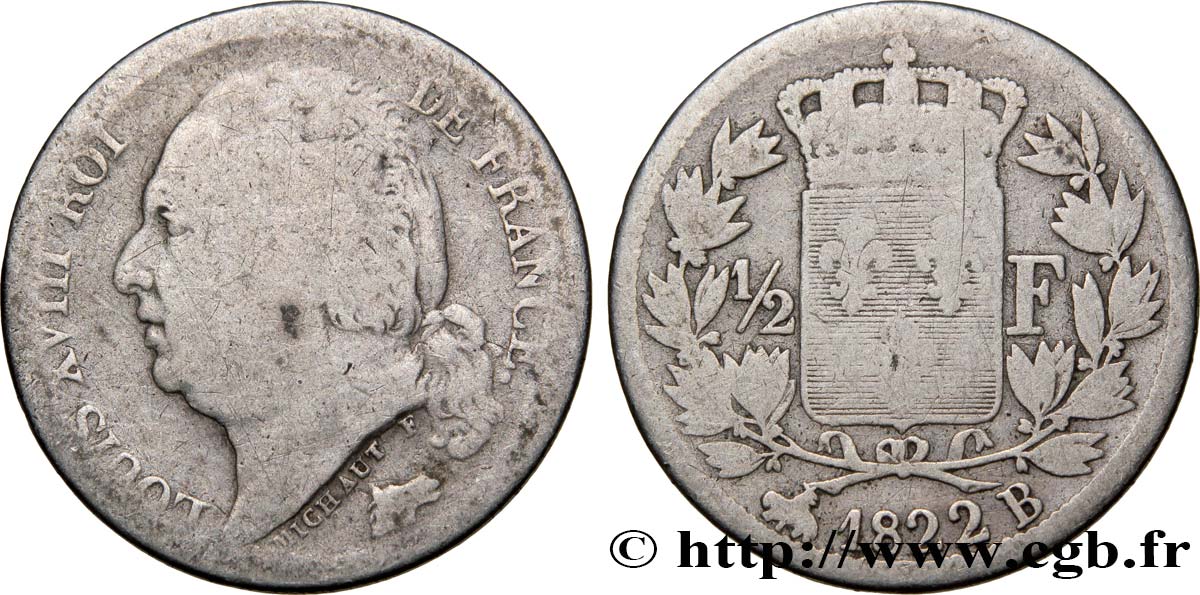 1/2 franc Louis XVIII 1822 Rouen F.179/31 RC13 