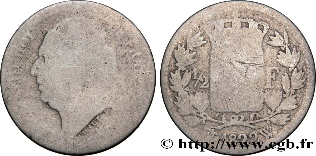 1/2 franc Louis XVIII 1822 Lille F.179/33 q.B4 