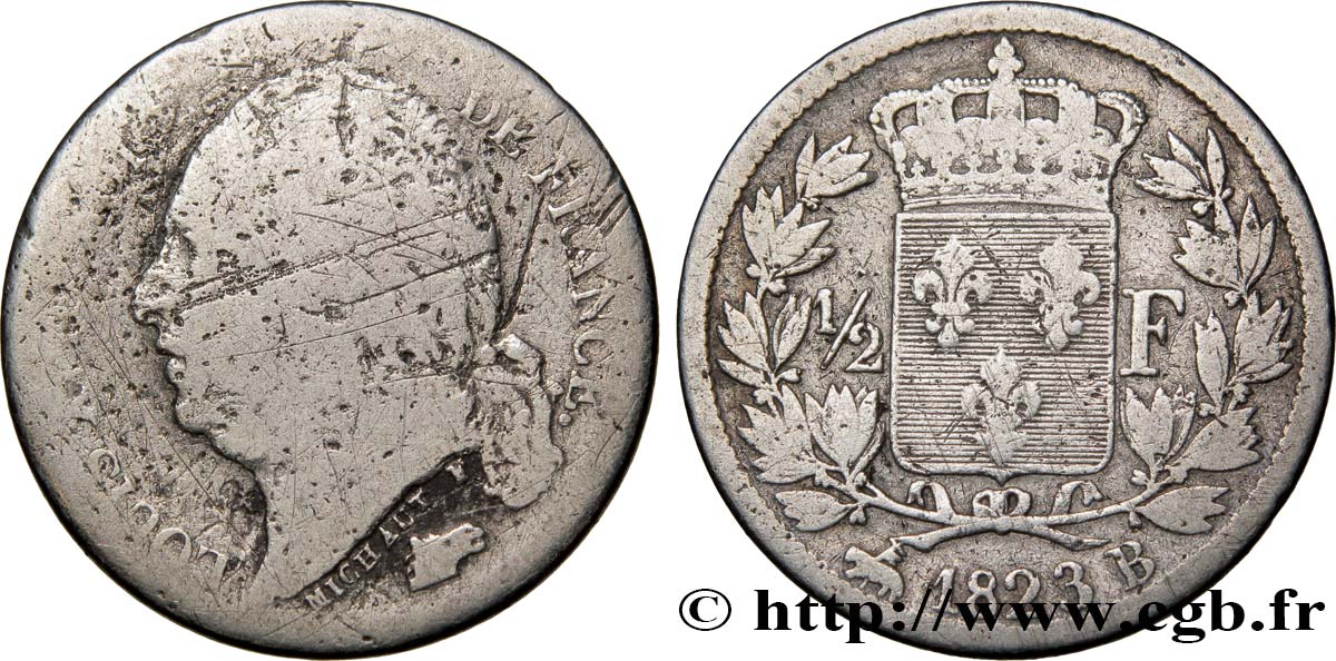 1/2 franc Louis XVIII 1823 Rouen F.179/35 AB5 