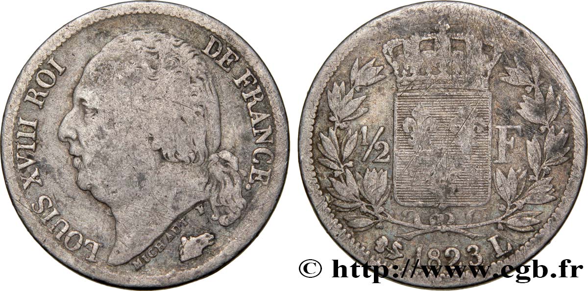 1/2 franc Louis XVIII 1823 Bayonne F.179/39 TB15 