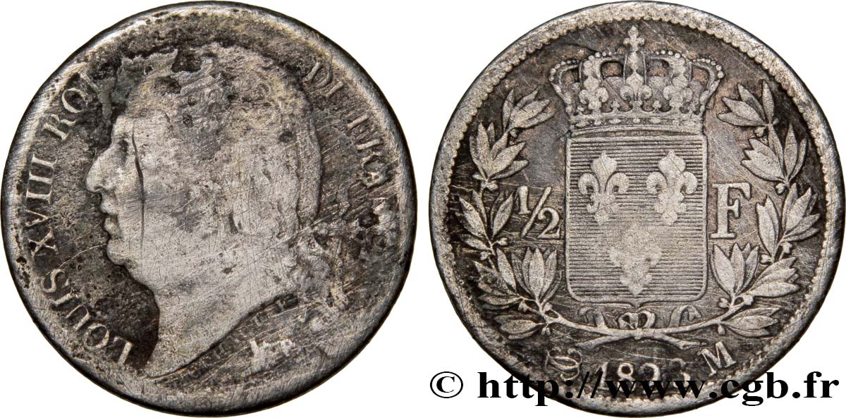 1/2 franc Louis XVIII 1823 Toulouse F.179/40 VF20 
