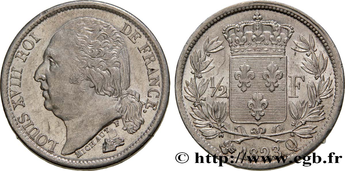 1/2 franc Louis XVIII 1823 Perpignan F.179/41 TTB52 