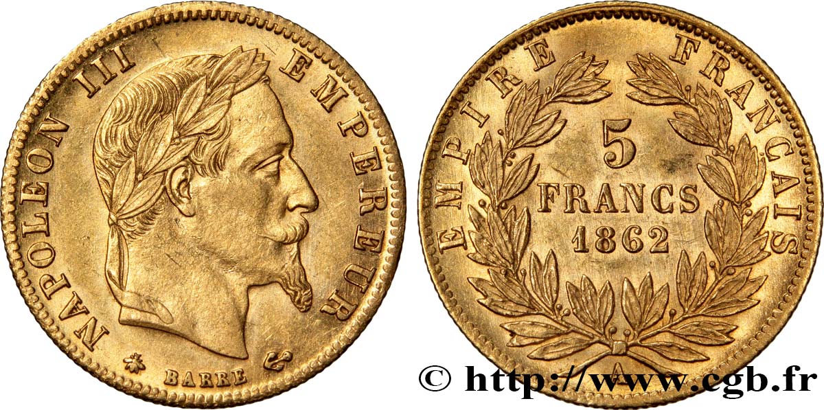5 francs or Napoléon III, tête laurée 1862 Paris F.502/1 VZ60 