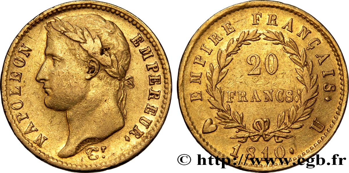 20 francs or Napoléon tête laurée, Empire français 1810 Turin F.516/14 SS45 