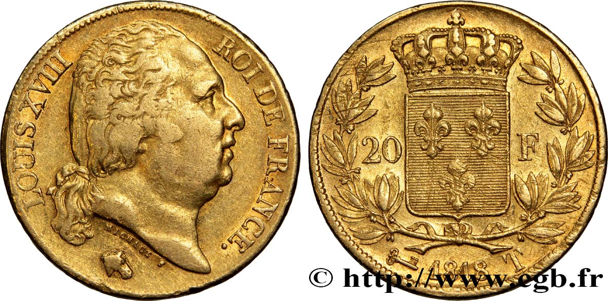20 francs or Louis XVIII, tête nue 1818 Nantes F.519/13 MBC45 