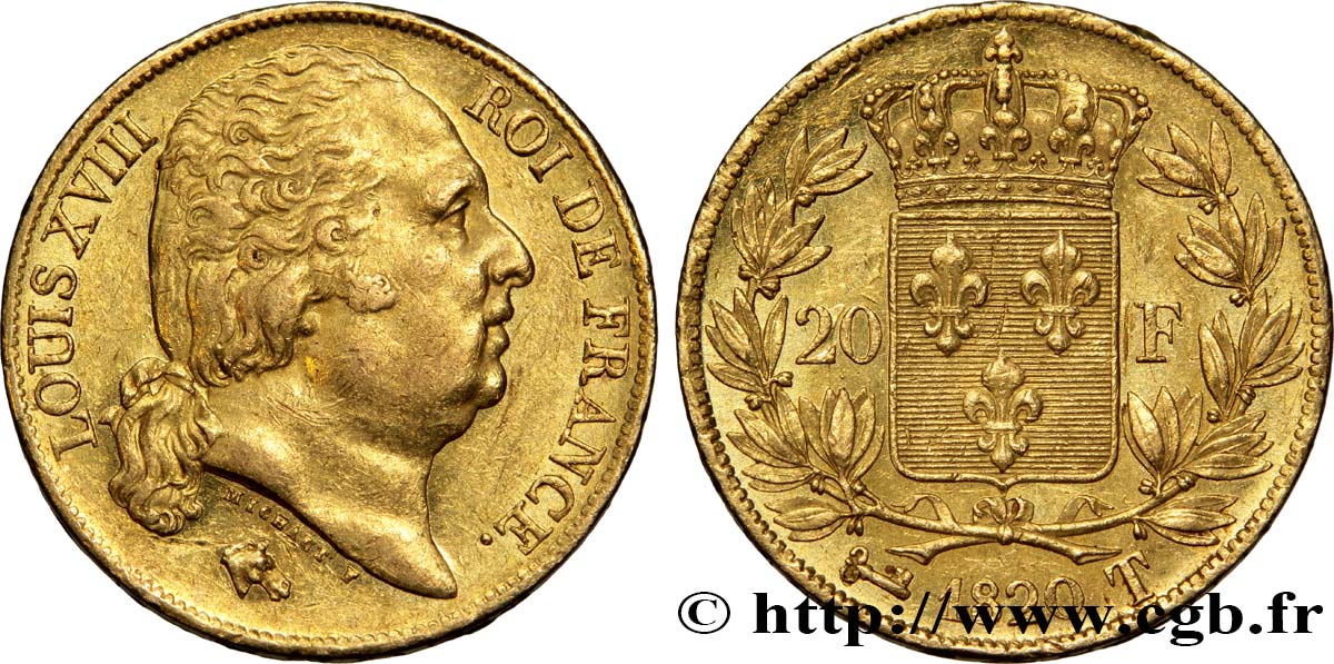 20 francs or Louis XVIII, tête nue 1820 Nantes F.519/22 AU50 