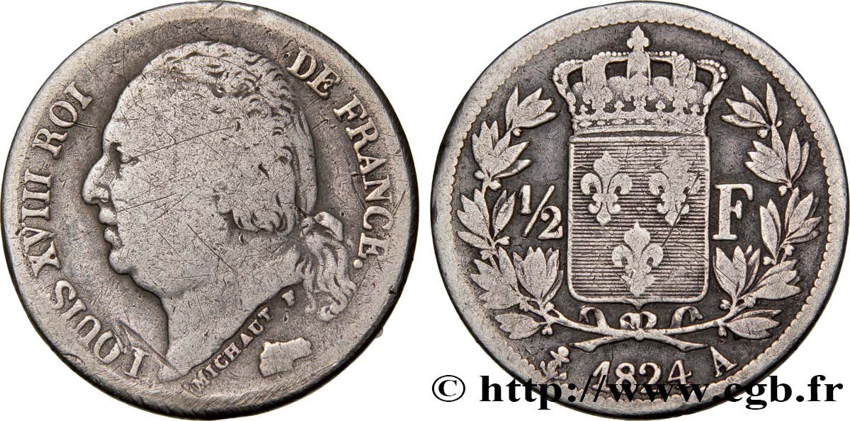 1/2 franc Louis XVIII 1824 Paris F.179/43 S15 