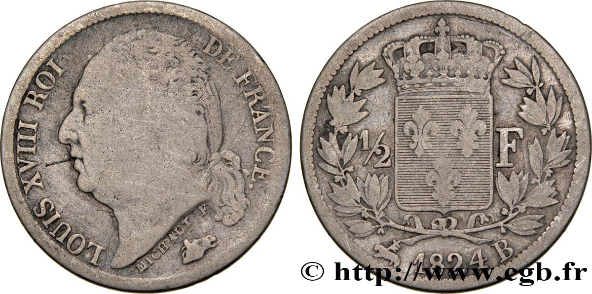 1/2 franc Louis XVIII 1824 Rouen F.179/44 B12 