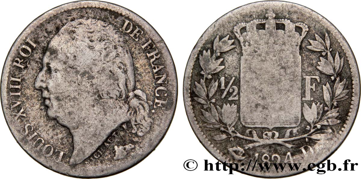 1/2 franc Louis XVIII 1824 Lyon F.179/45 SGE10 