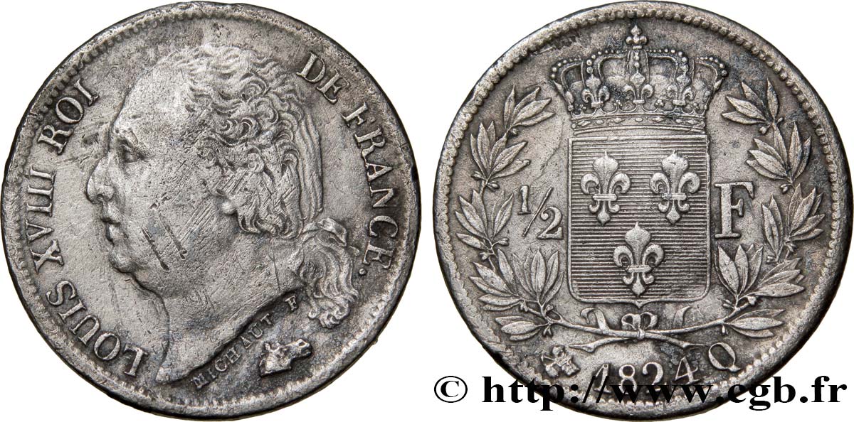 1/2 franc Louis XVIII 1824 Perpignan F.179/51 XF45 