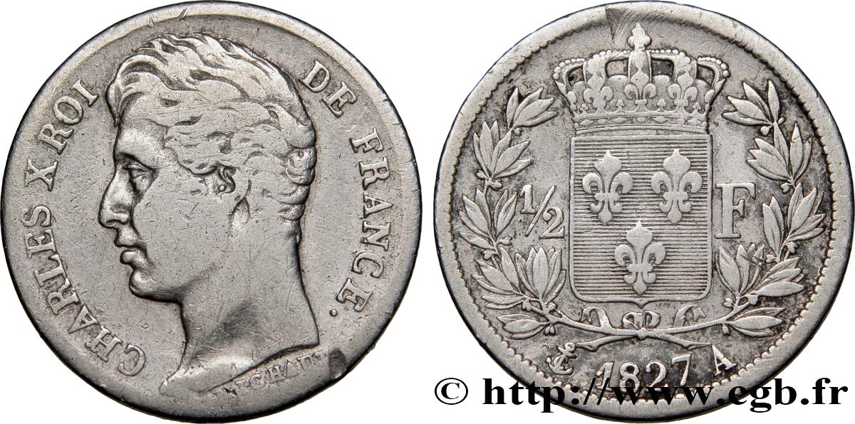 1/2 franc Charles X 1827 Paris F.180/13 TB25 