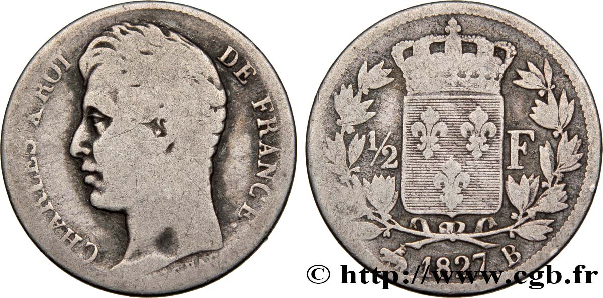 1/2 franc Charles X 1827 Rouen F.180/14 F12 