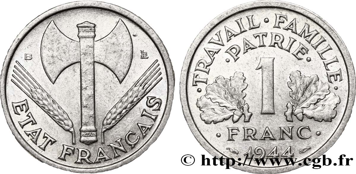 1 franc Francisque, légère 1944 Beaumont-Le-Roger F.223/6 XF45 