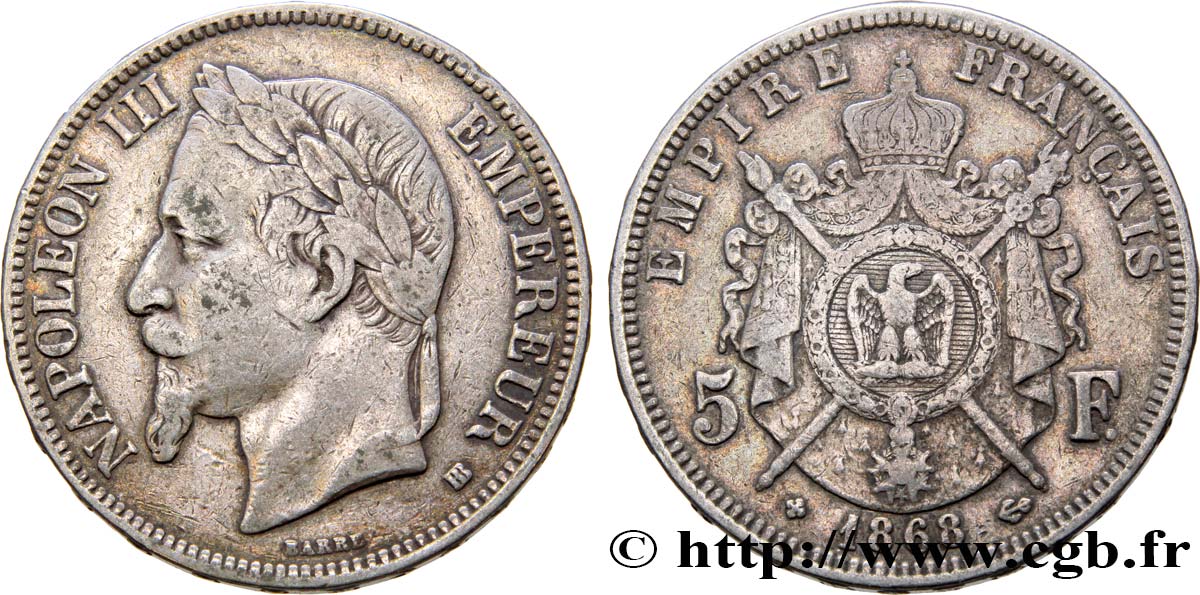 5 francs Napoléon III, tête laurée 1868 Strasbourg F.331/13 TB30 