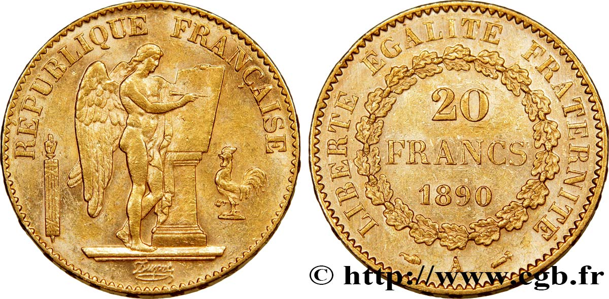 20 francs or Génie, Troisième République 1890 Paris F.533/14 AU54 
