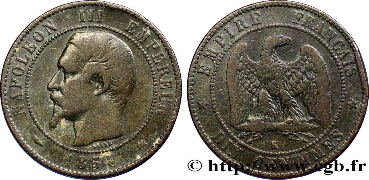 Dix centimes Napoléon III, tête nue 1854 Bordeaux F.133/16 BC35 